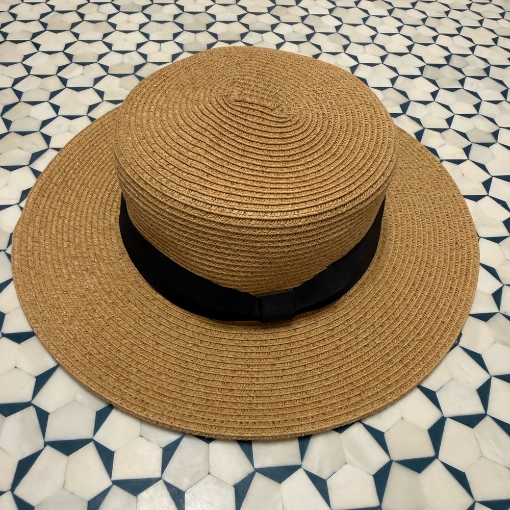 Tan Straw Boater Hat with Black Band Ribbon Target